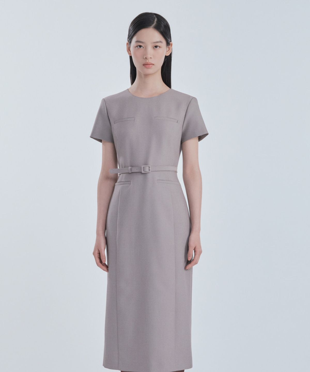 마우솔레움(MAU SOLEUM) Belted Round Neck Long Suit Dress - Ash Beige