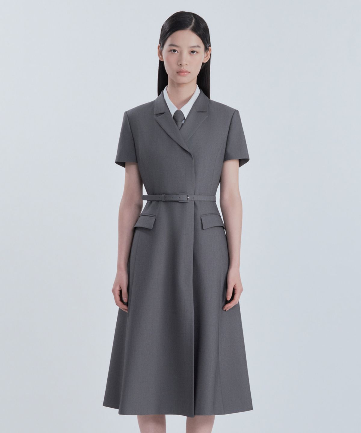 마우솔레움(MAU SOLEUM) Jenn Long Belted Half-Sleeve Dress - Grey