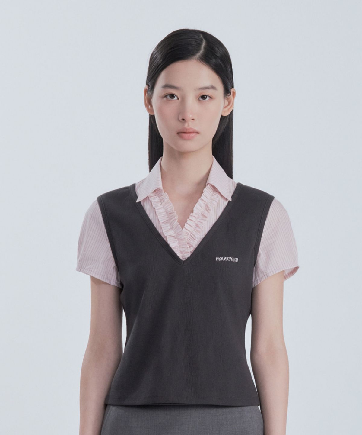 마우솔레움(MAU SOLEUM) Emma Layered Ruffle Blouse Top - Charcoal
