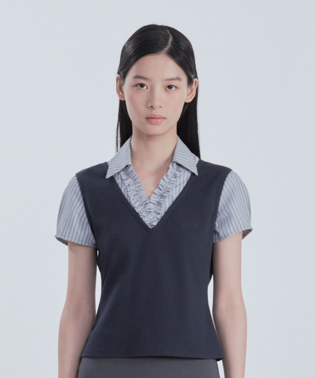 마우솔레움(MAU SOLEUM) Emma Layered Ruffle Blouse Top - Navy