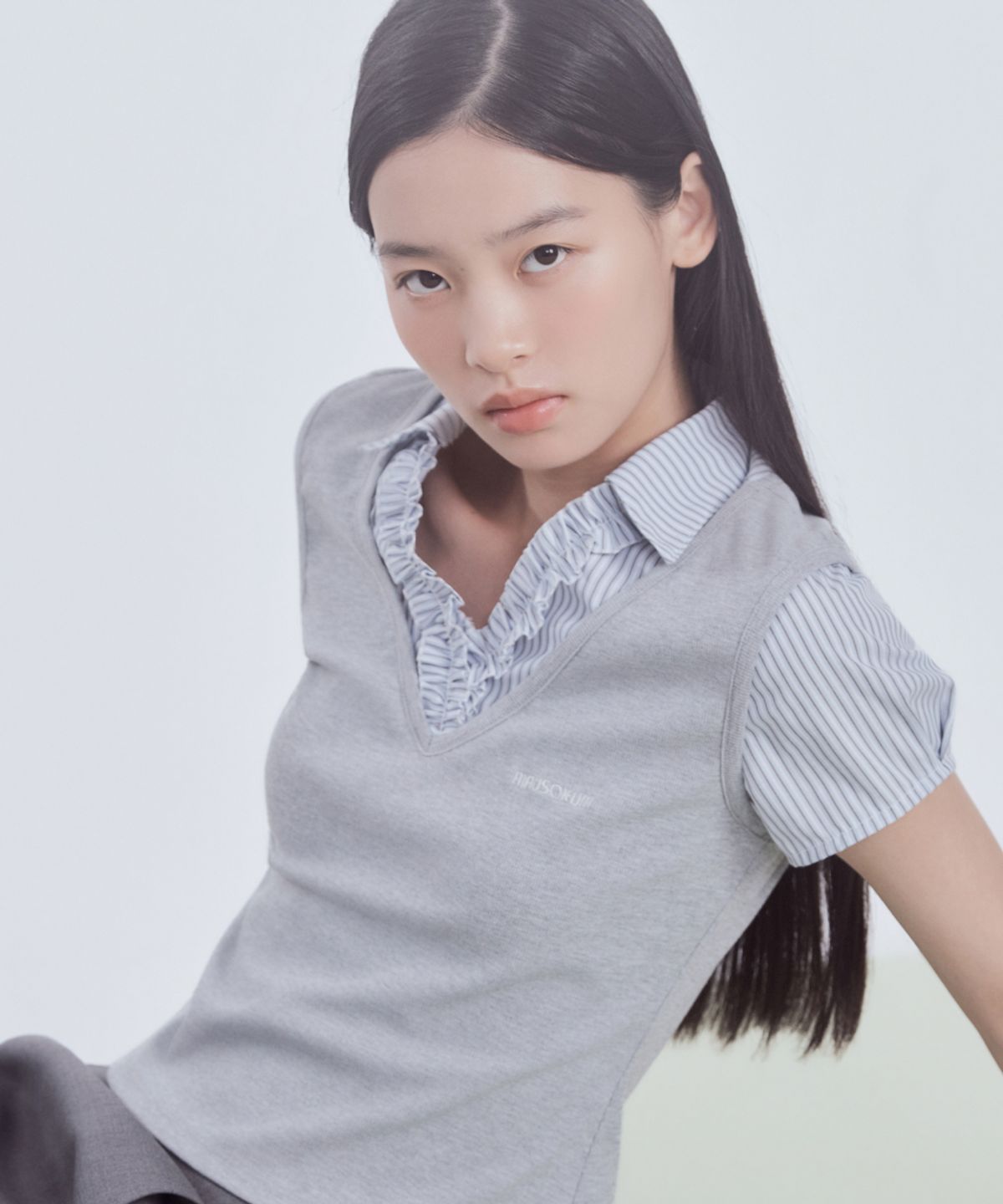 마우솔레움(MAU SOLEUM) Emma Layered Ruffle Blouse Top - Grey