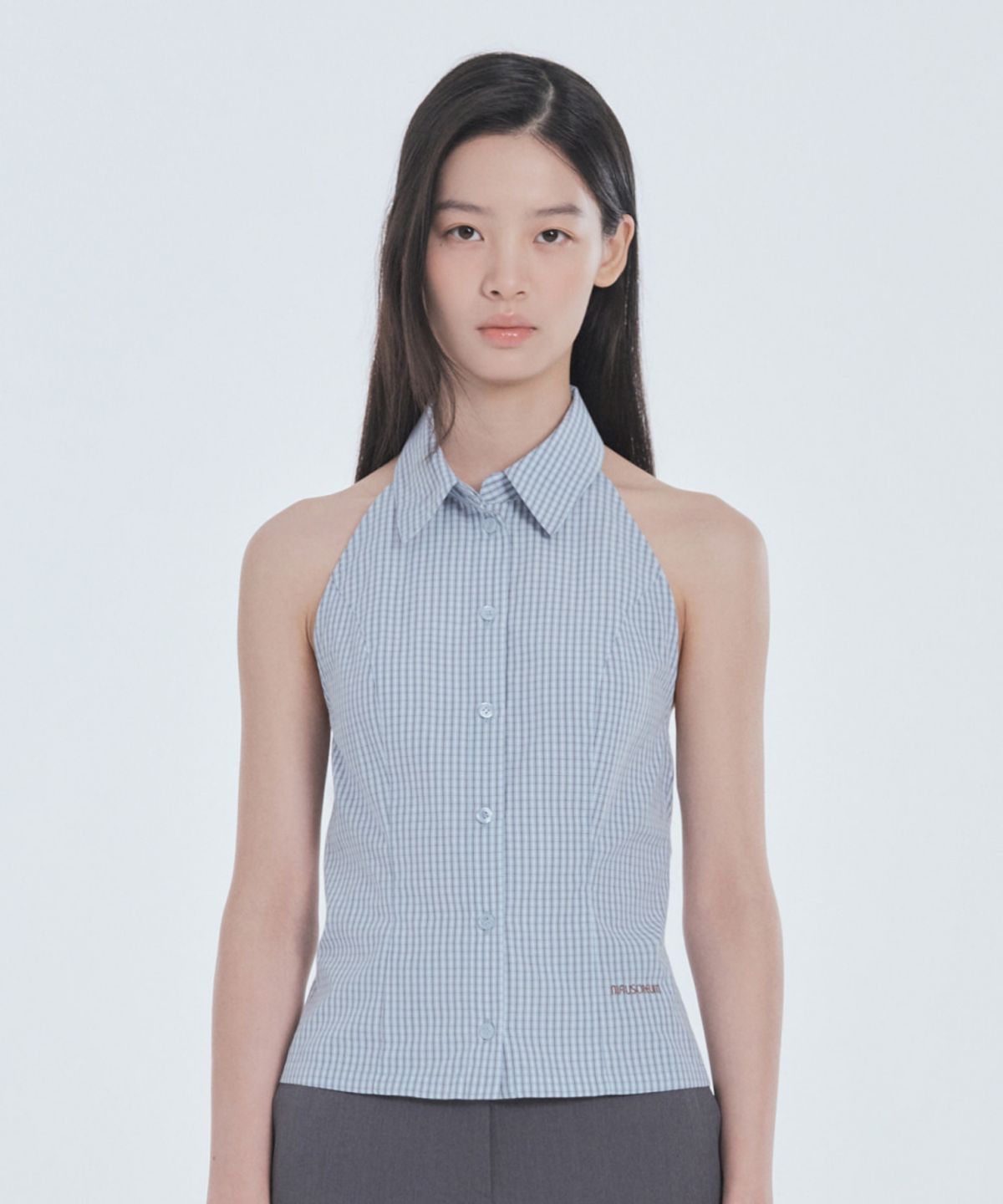 마우솔레움(MAU SOLEUM) Two-Way Collar Halter Shirt - SkyBlue Check