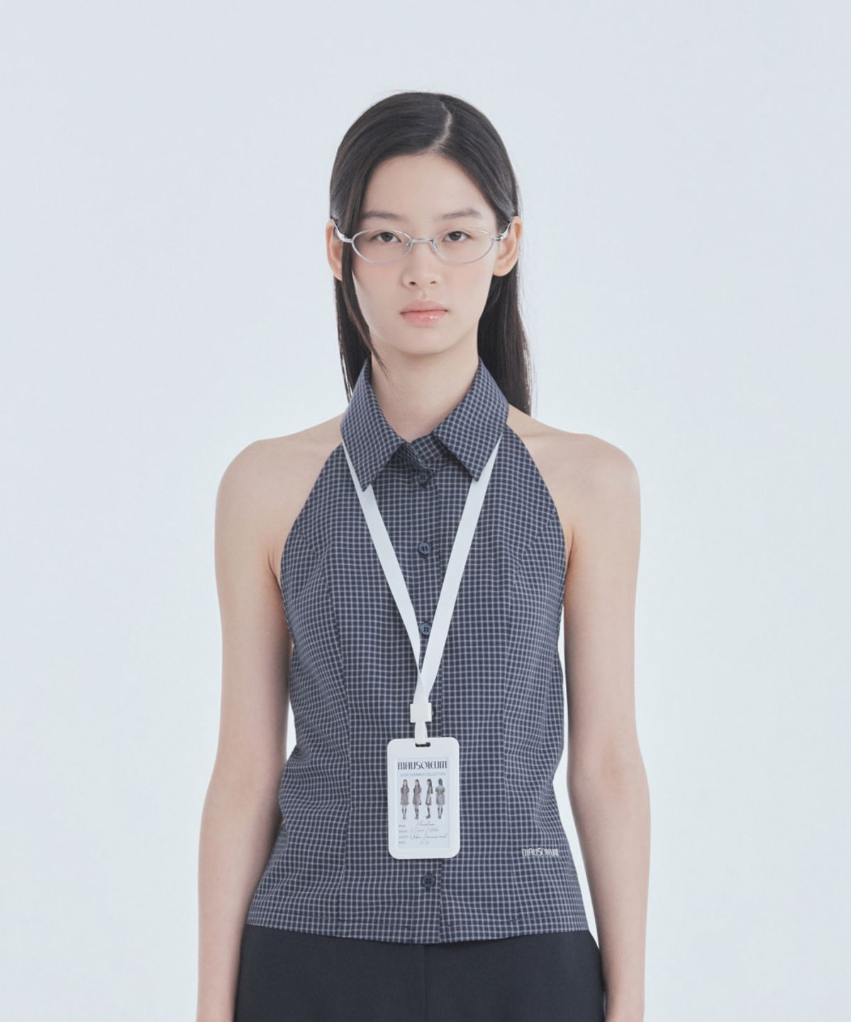마우솔레움(MAU SOLEUM) Two-Way Collar Halter Shirt - Navy Check