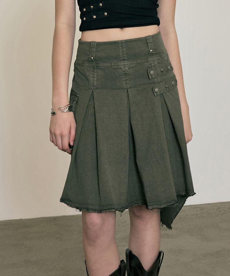 Dyed Snap Stud Midi Skirt (Khaki) / 26SMSK001KH