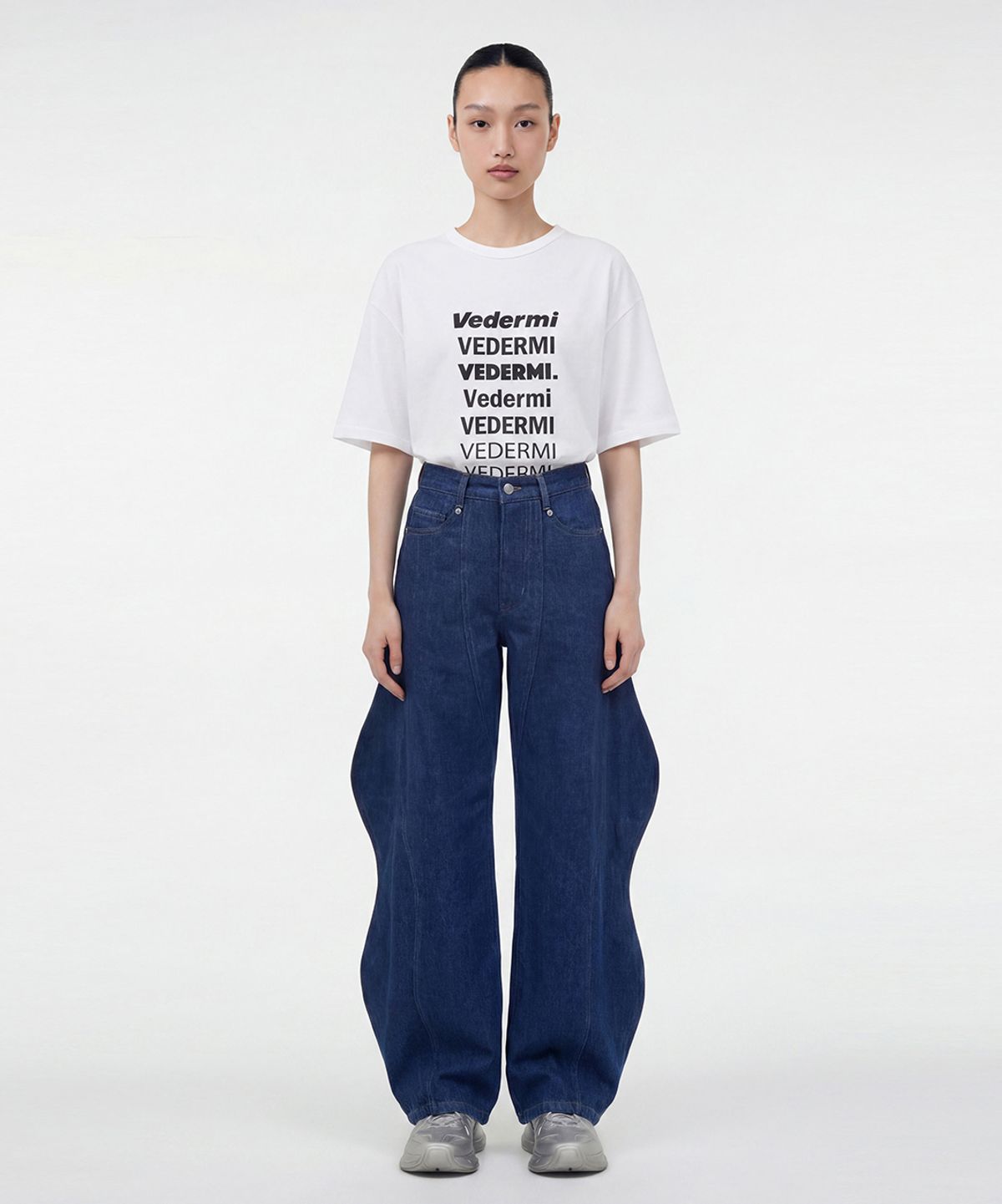 베데르미(VEDERMI) deep blue wave curved denim pants