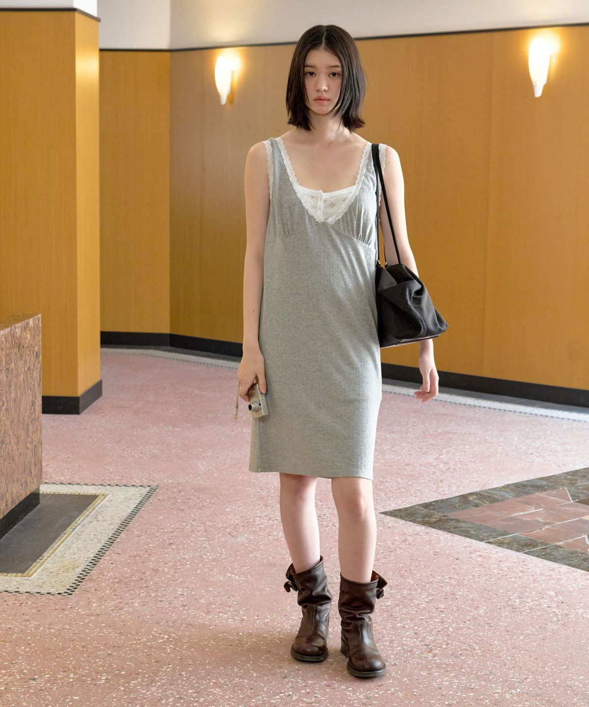 로우클래식(LOW CLASSIC) LACE DEEP V-NECK DRESS_MELANGE GREY [LC262DR01MG]