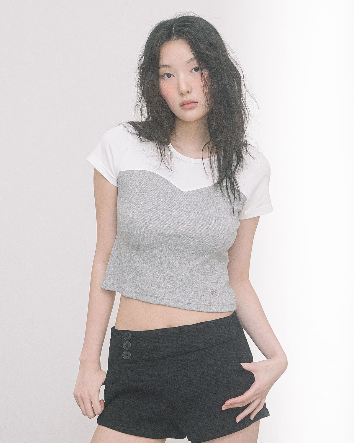 해비즘(HAVISM) BUSTIER S/S TEE(WHITE/GREY)
