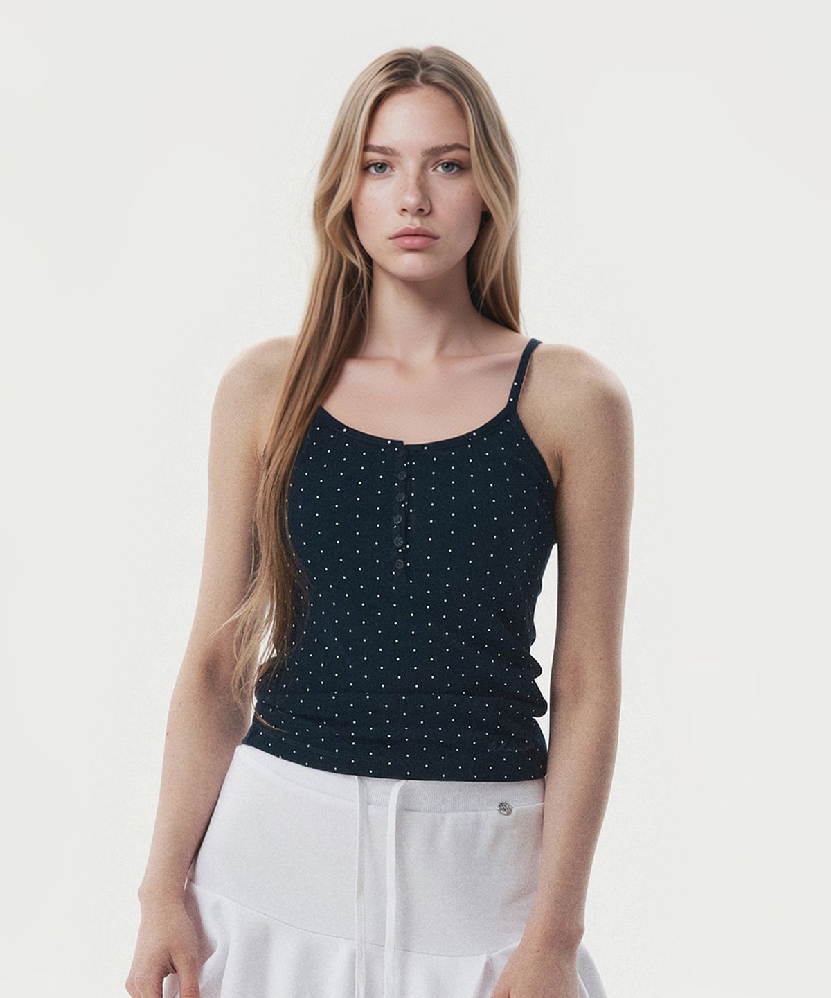 후아유(WHO.A.U) Dot Pattern Henley Sleeveless / WHRNG3791F