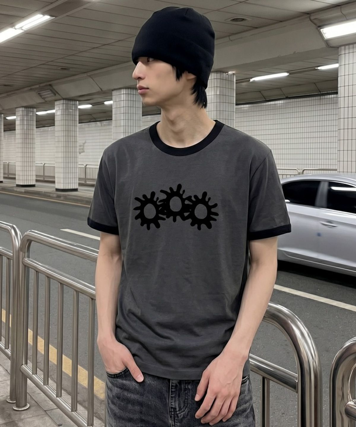 언더오프(UNDEROFF) 에센셜 스탠다드 반팔 링거 티셔츠 3GEAR 차콜