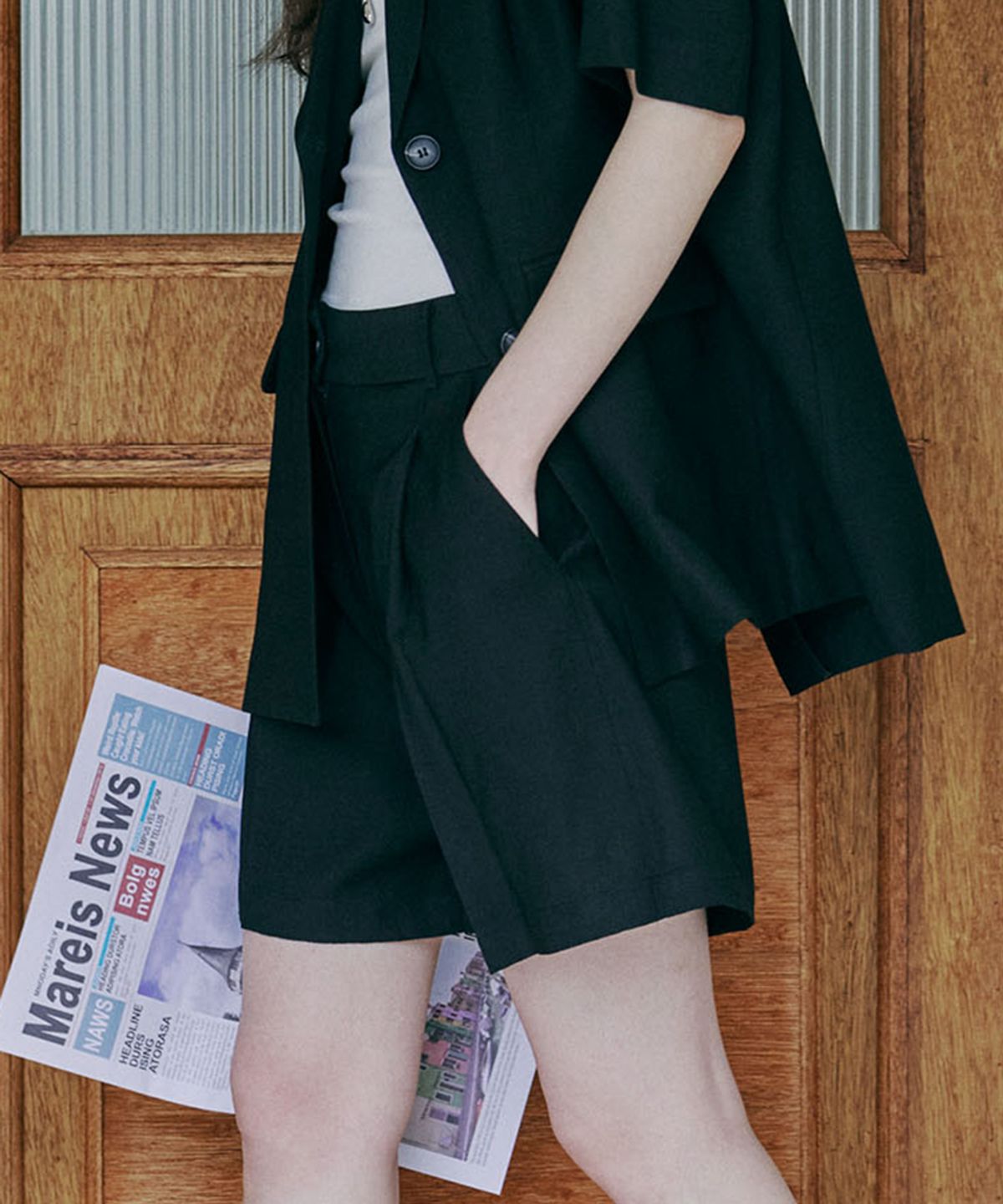 마롭(MALOUPE) 2213 린넨 블렌드 원턱 4부팬츠 (블랙)