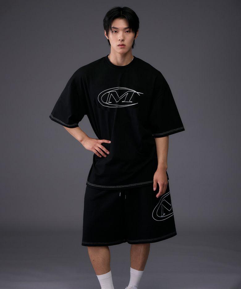 스트록 로고 스티치 오버핏 티셔츠 (BLACK)