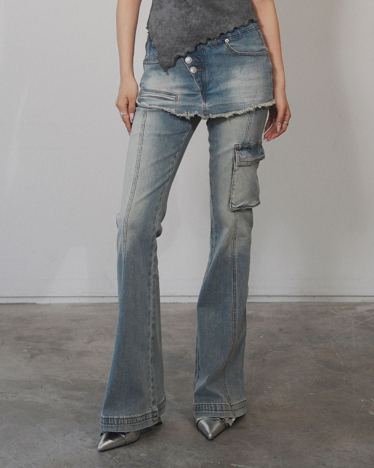 여린(YEORIN) Cargo Bootcut Denim (Blue)