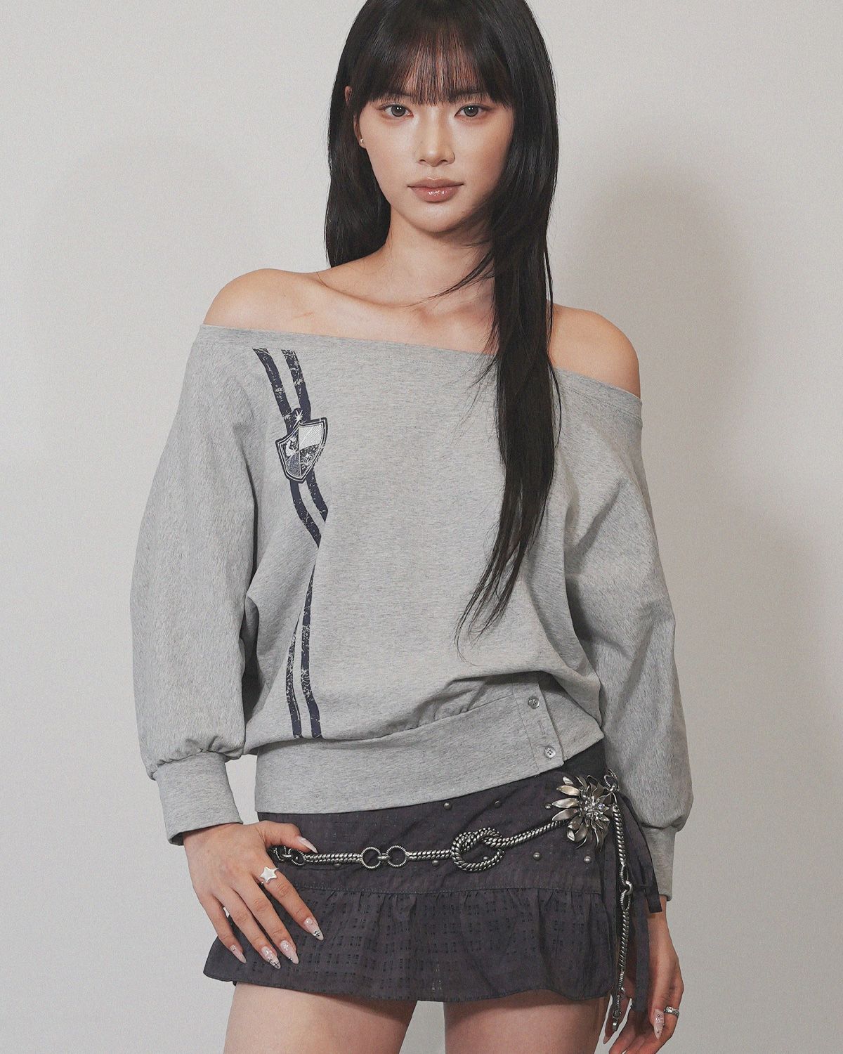 여린(YEORIN) Double Line Boat Neck T-Shirts (M gray)