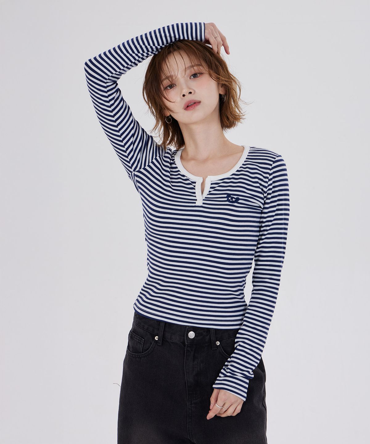 디스펑트(DYSFUNCT) STRIPE ROUND EMBROIDER T-SHIRT(NAVY)