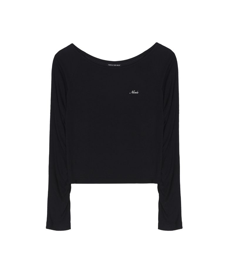 SLEEVE SHIRRING BOAT NECK TOP_BLACK