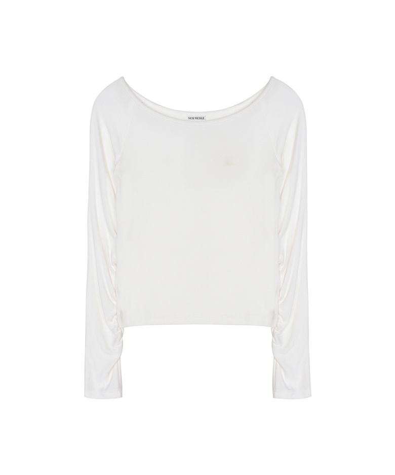 SLEEVE SHIRRING BOAT NECK TOP_IVORY