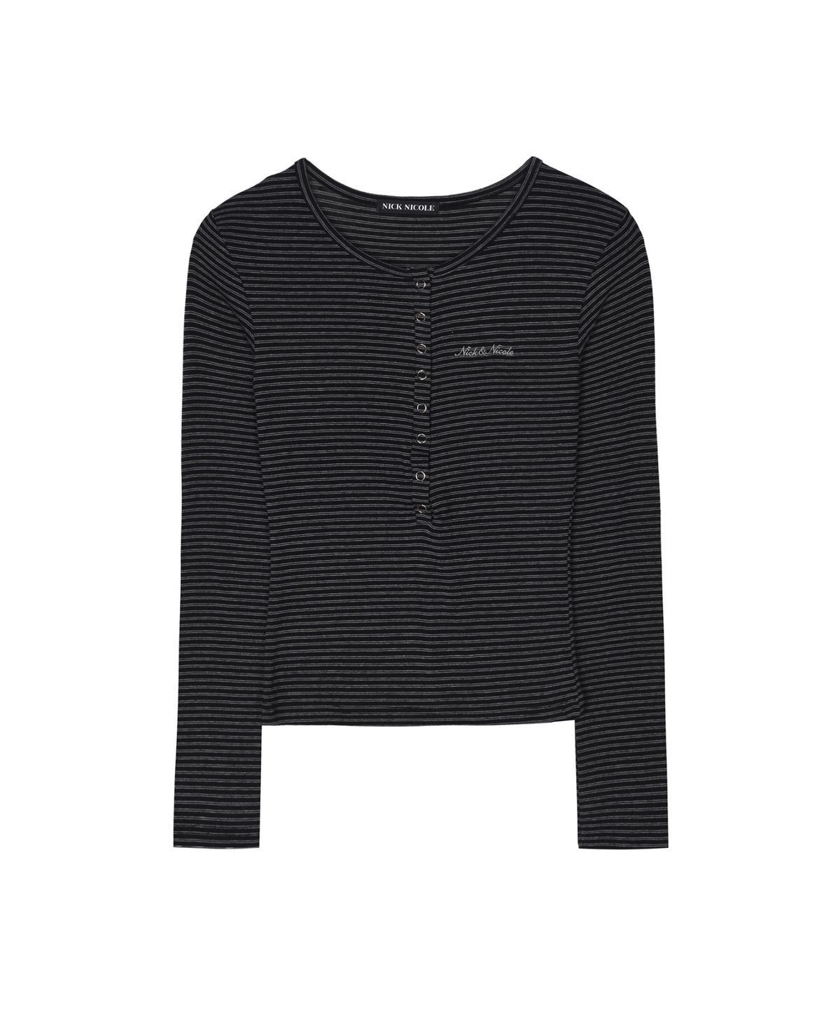 닉앤니콜(NICK&NICOLE) STRIPED HENLEY NECK TOP_BLACK