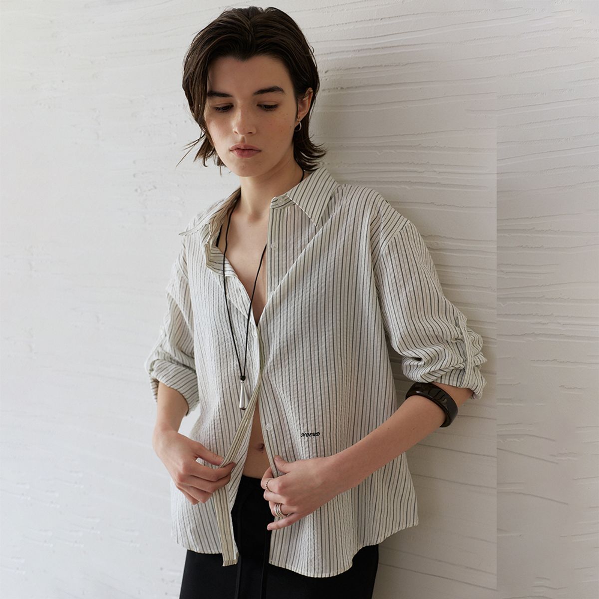 노우드(NOEUD) Stripe Roll-up Shirt (Ivory)