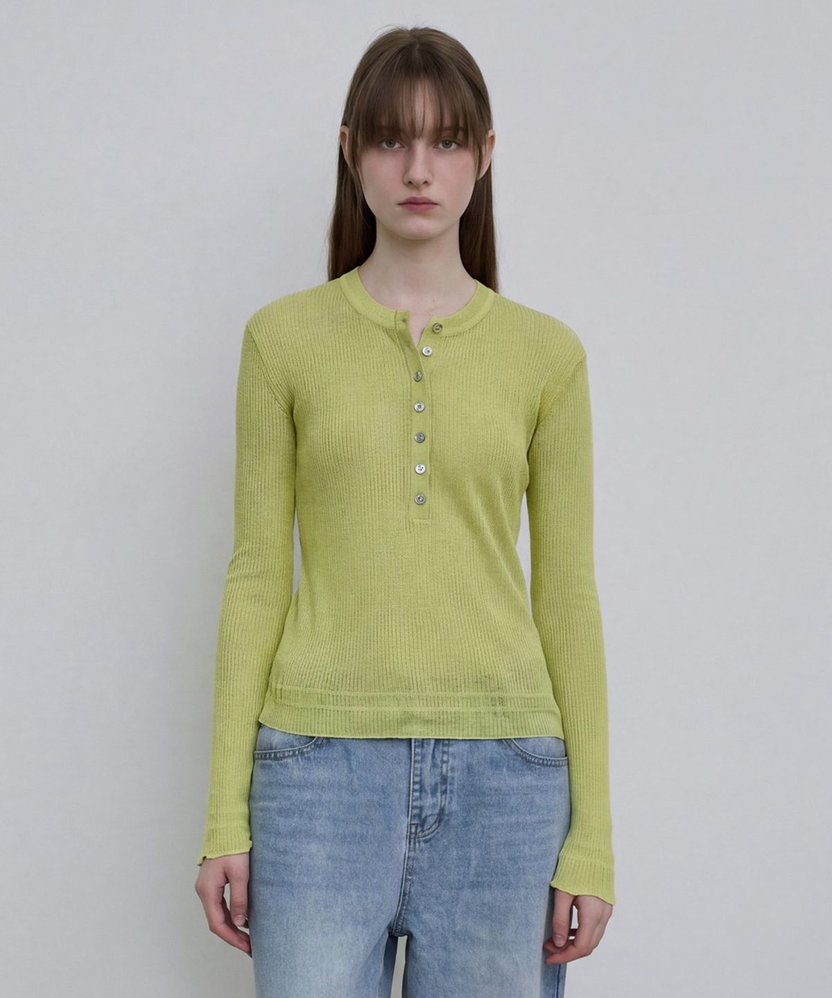 디에토(DEETO) Sheer Ribbed Henley Top [GREEN]