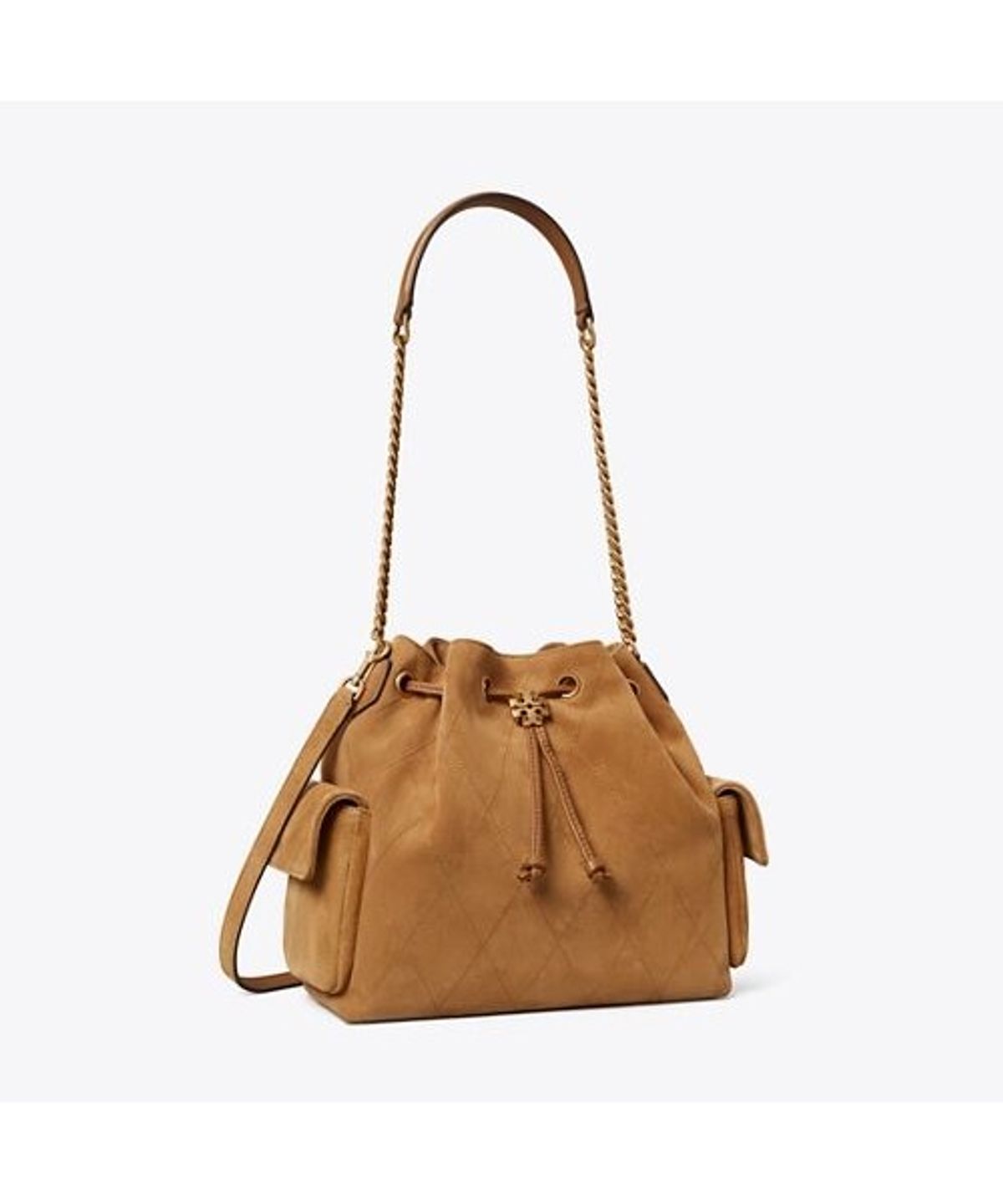 토리버치(TORYBURCH) 찰리 퀼티드 스웨이드 드로스트링 숄더백 - 토피