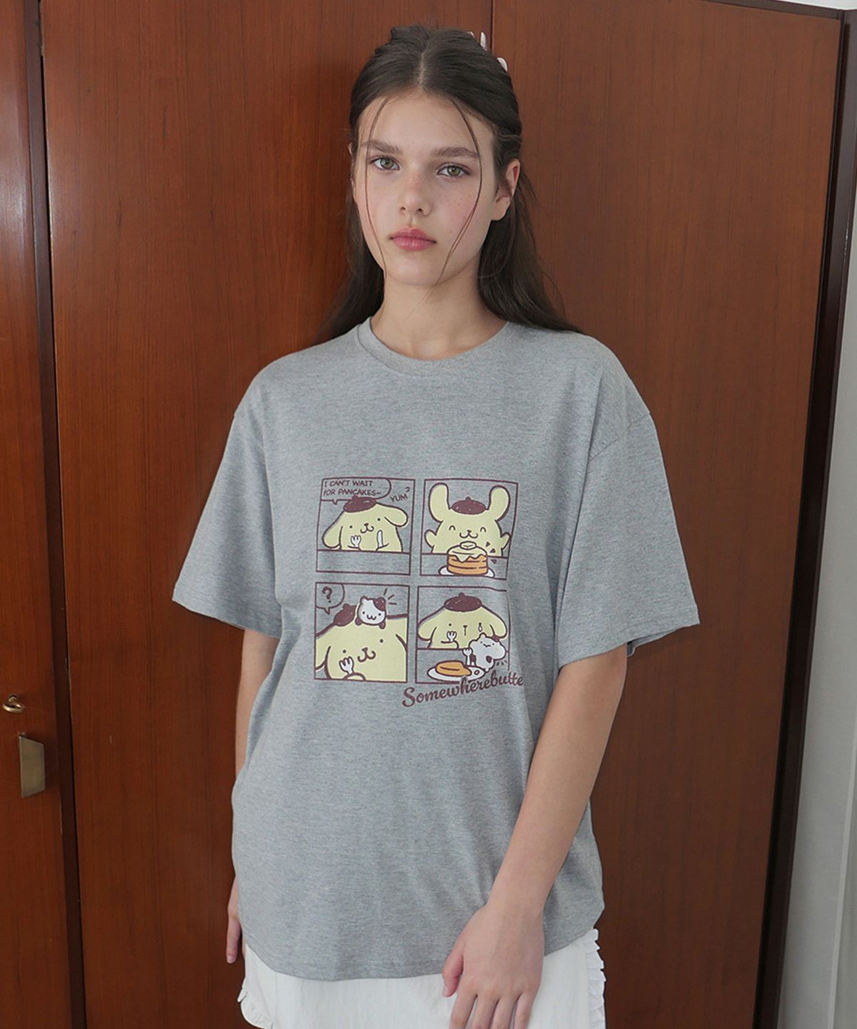 썸웨어버터(SOMEWHEREBUTTER) Cartoon Pompompurin Over-Fit Top - Grey