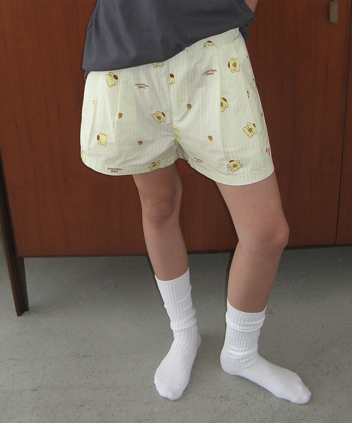 썸웨어버터(SOMEWHEREBUTTER) Pompompurin Stripe Pajama Shorts - Butter