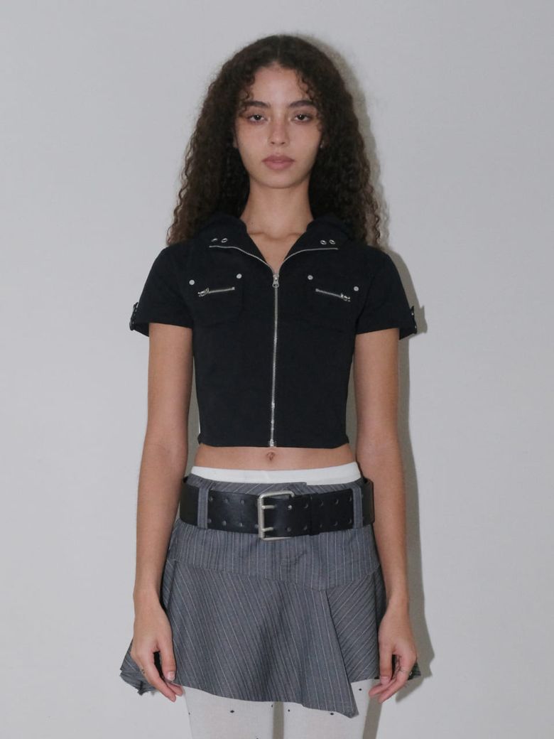 SHORT SLEEVE ZIP-UP SHIRTS [BLACK]