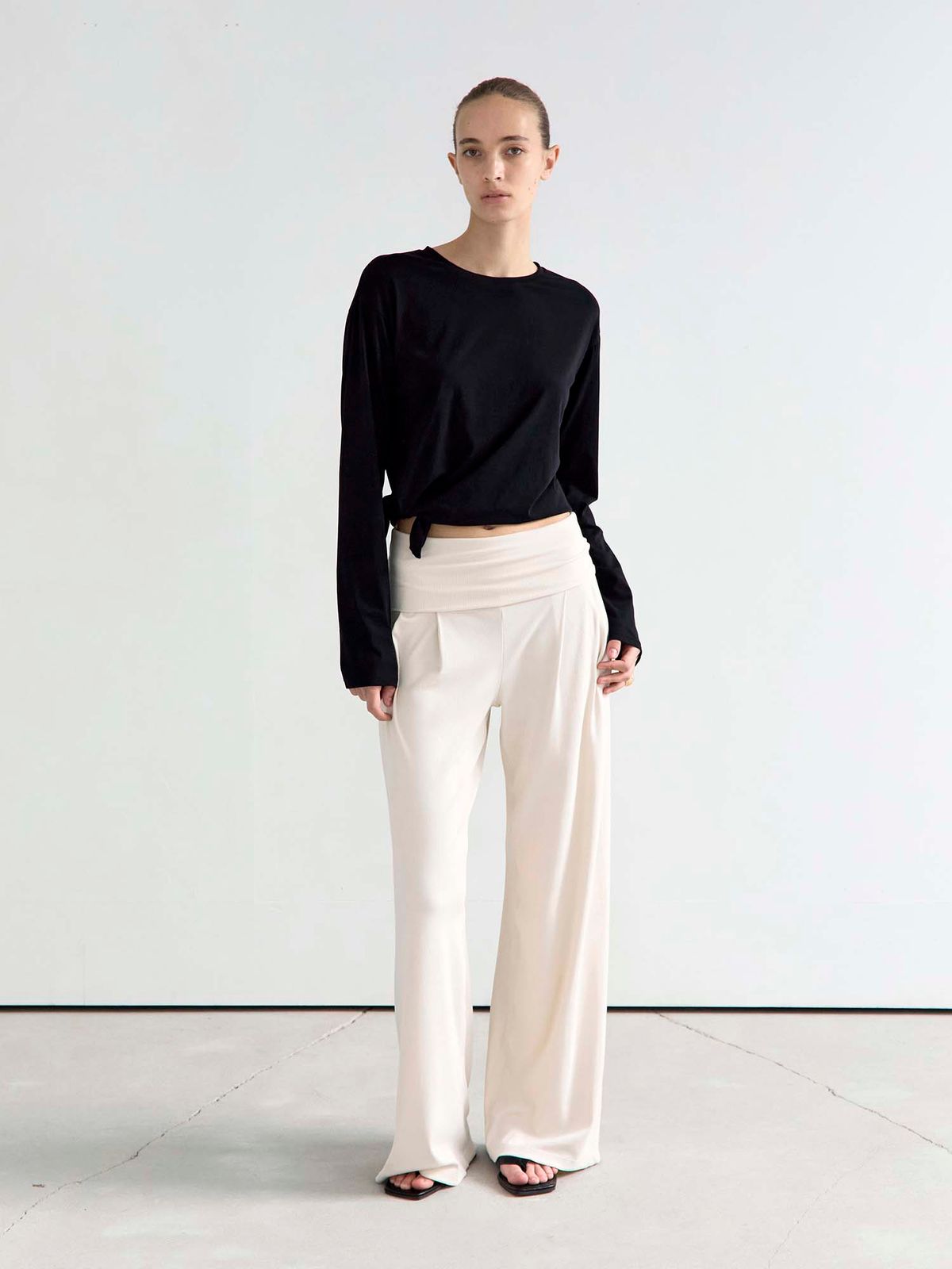 오베르(AUBER) Foldable Ribbed Wide Pants - Ivory