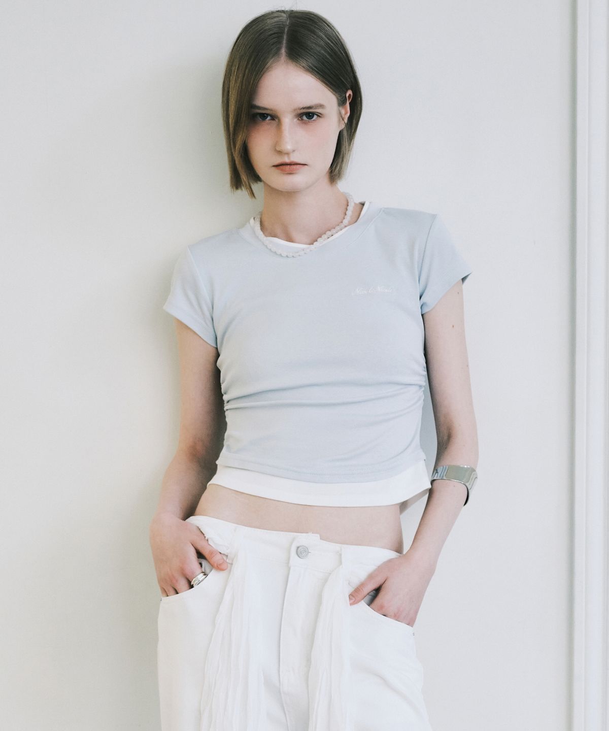 닉앤니콜(NICK&NICOLE) LAYERED SHIRRING SLIM TOP_SKY BLUE