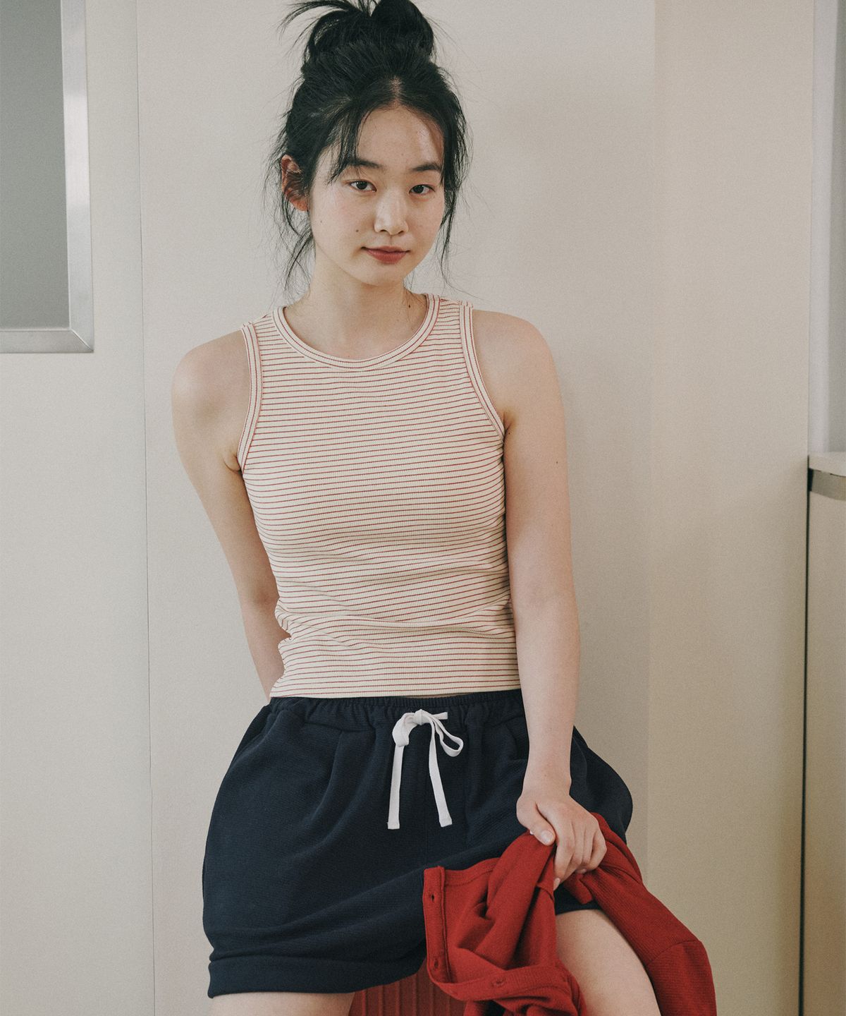 오끼뜨(OGGITT) 베이직 코튼 캡 내장 나시 레드스트라이프