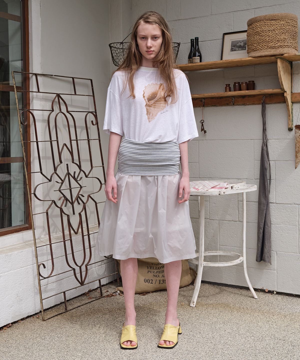 펀프롬펀(FUNFROMFUN) Folded Waist Midi Skirt, Light Grey