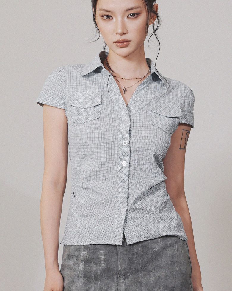 Washed Slim Check Shirt (Sky Blue)