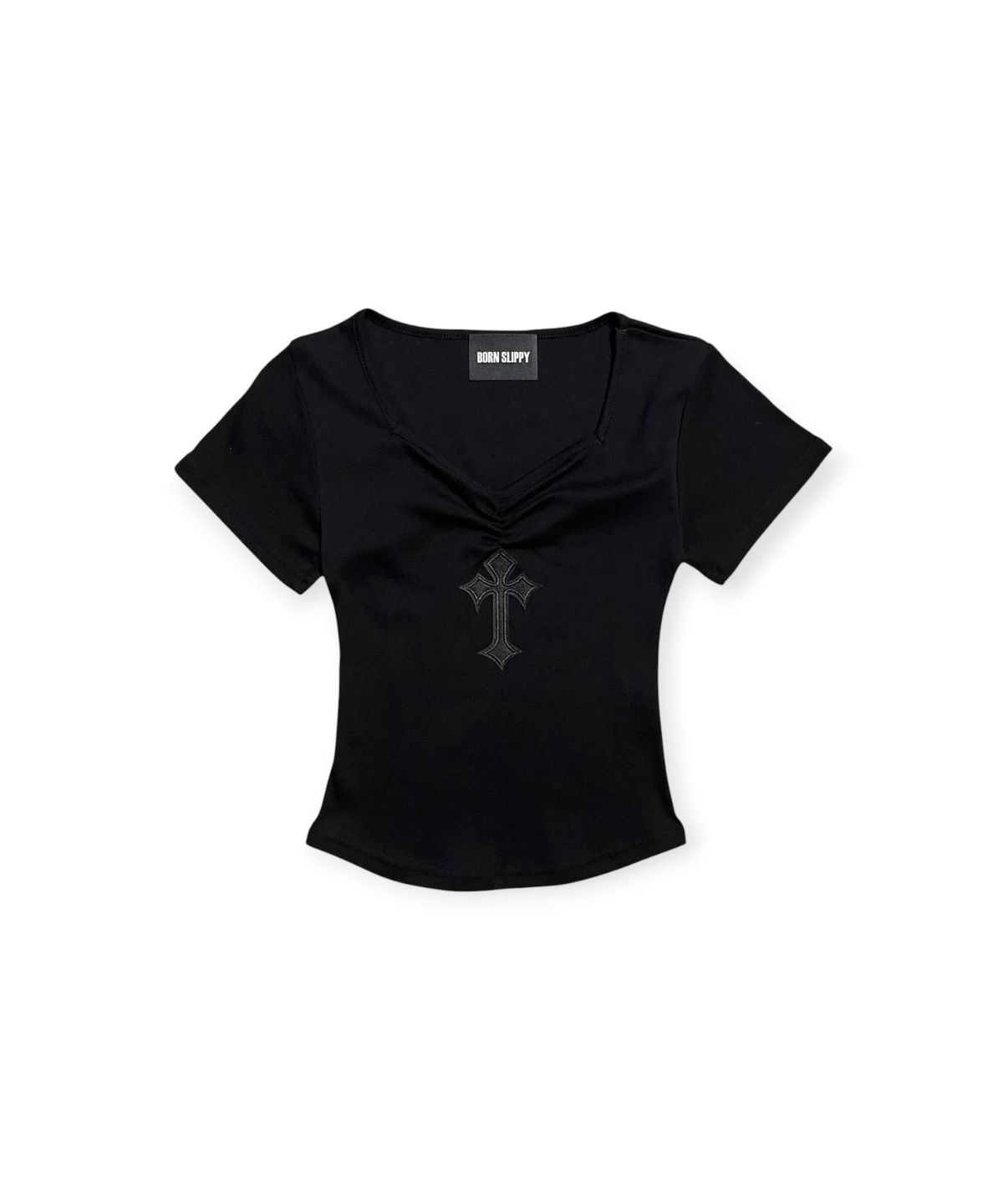 본슬리피(BORN SLIPPY) Cross Ruched Slim Tee (Black)