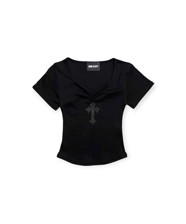 Cross Ruched Slim Tee (Black)