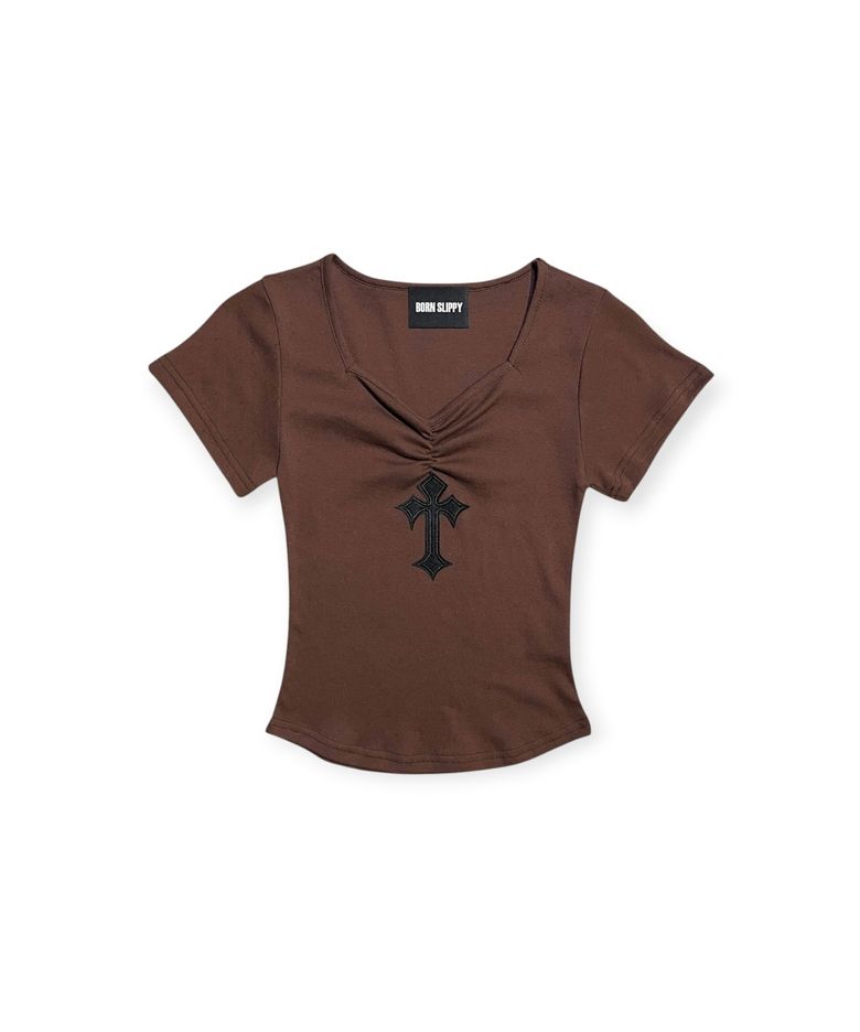 Cross Ruched Slim Tee (Brown)