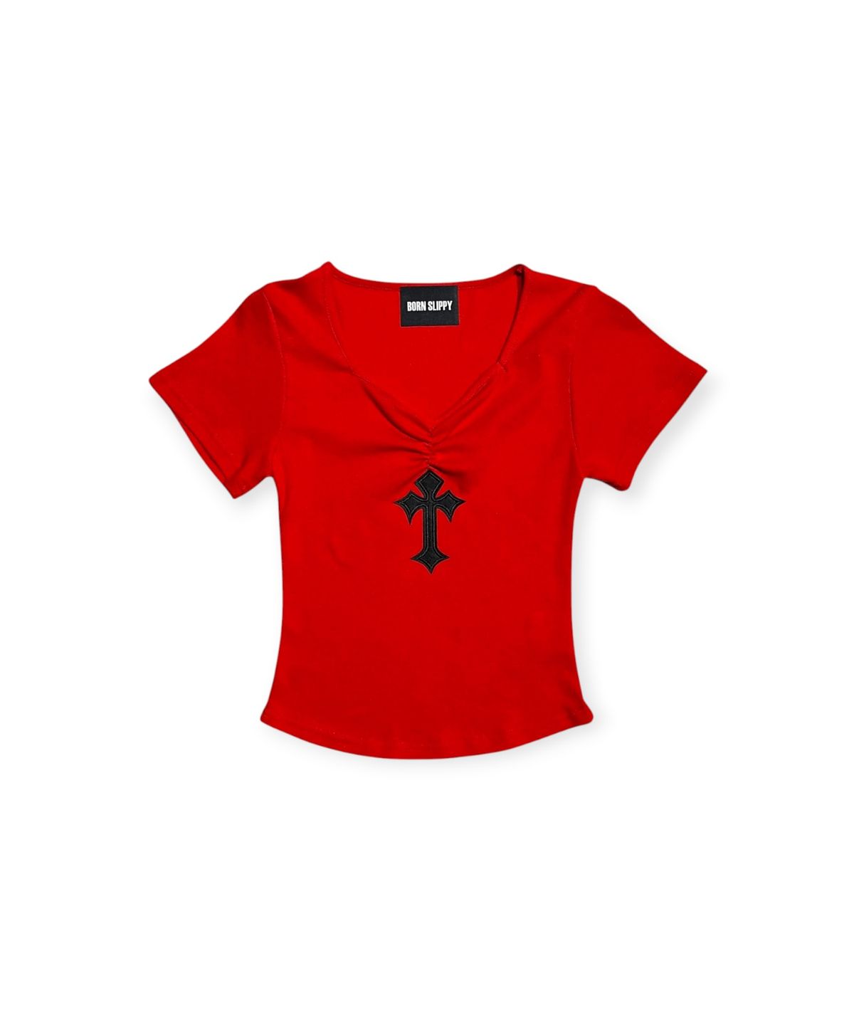 본슬리피(BORN SLIPPY) Cross Ruched Slim Tee (Red)
