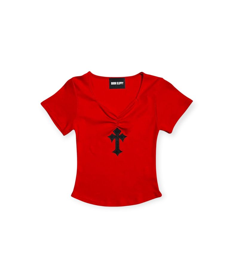 Cross Ruched Slim Tee (Red)