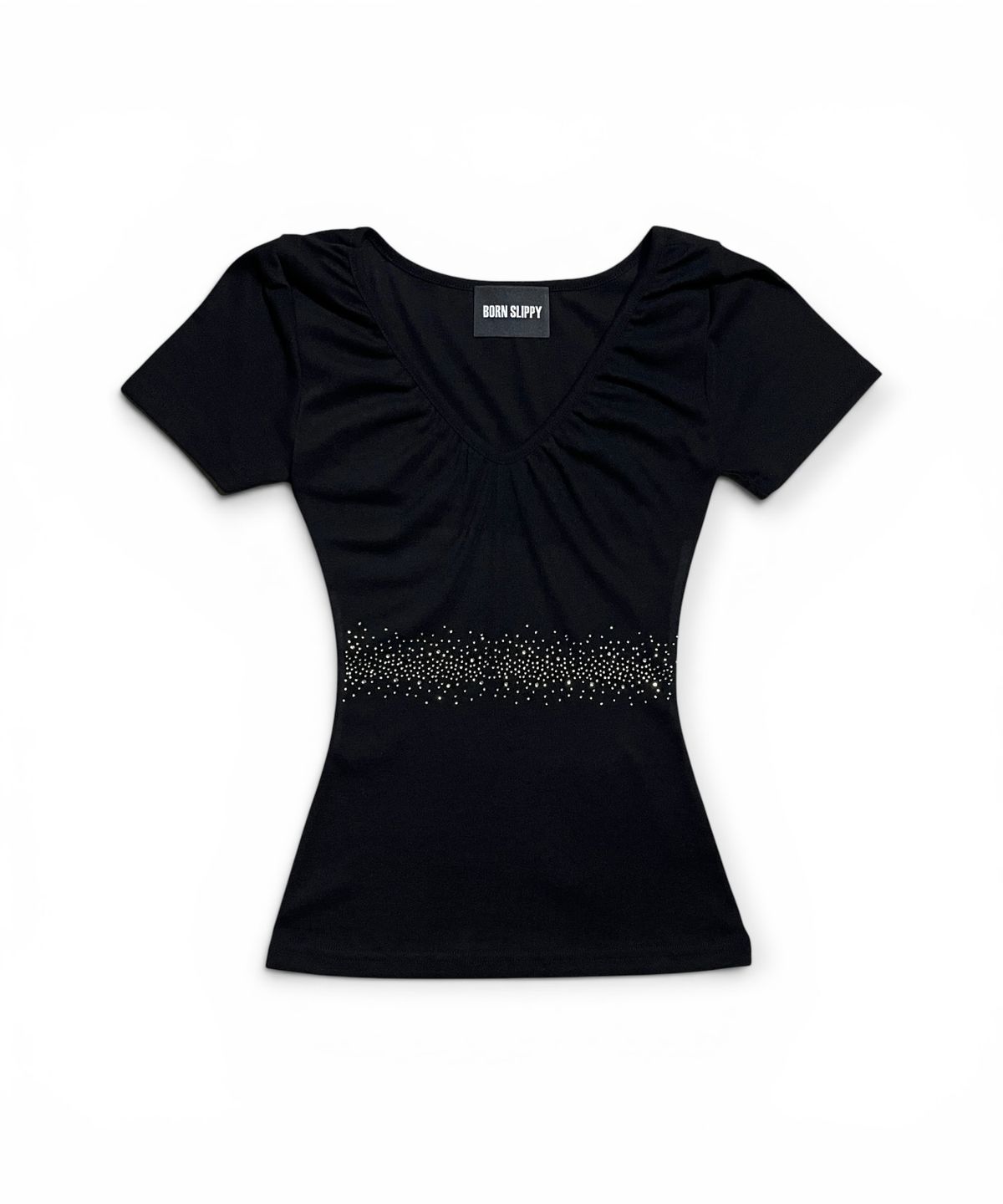 본슬리피(BORN SLIPPY) Crystal Line V Shirring Tee (Black)
