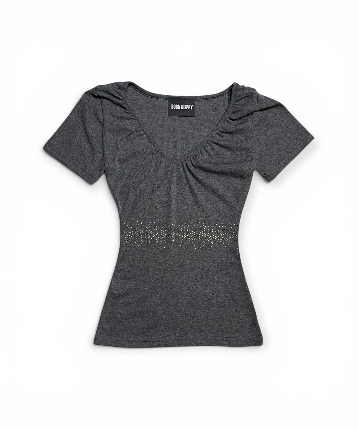 본슬리피(BORN SLIPPY) Crystal Line V Shirring Tee (Charcoal)