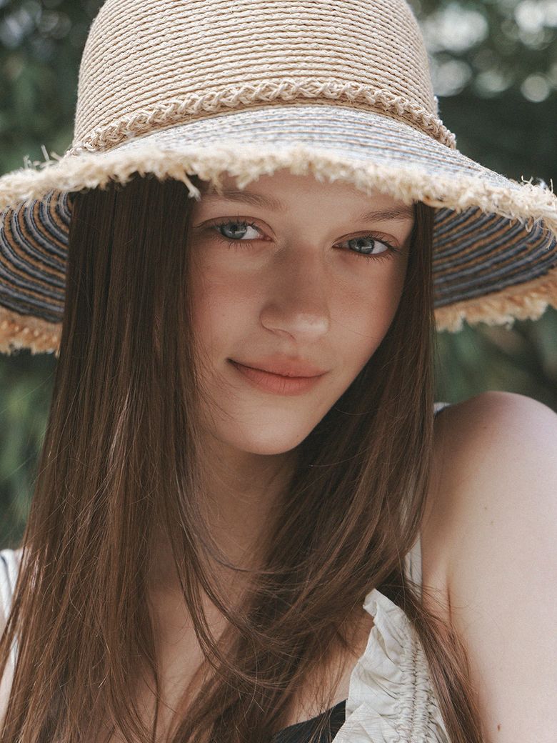 Denim raffia fringe floppy hat
