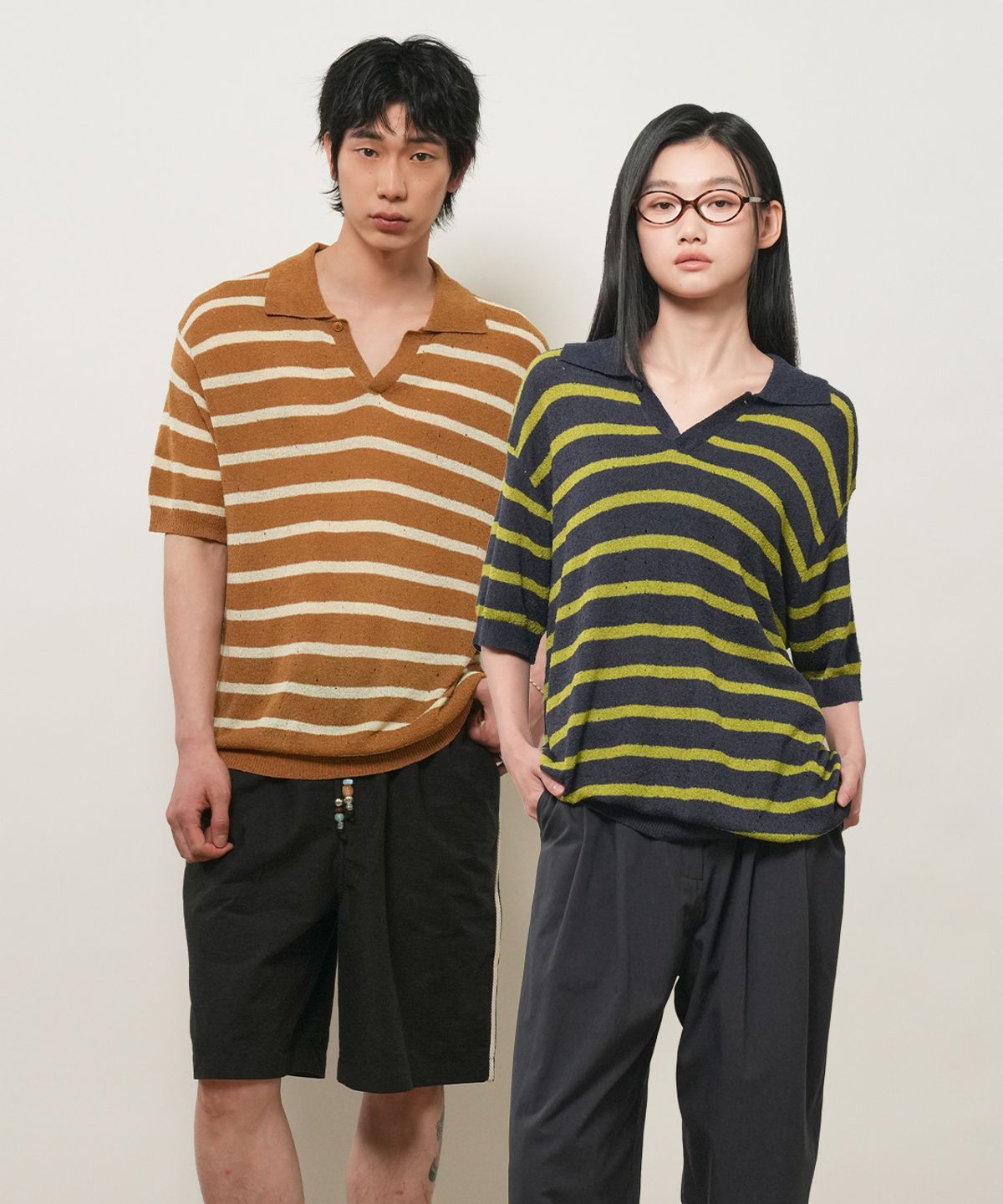 제너럴아이디어(GENERALIDEA) UNISEX 원버튼 카라 스트라이프 하프 니트 [3COL] / GF2UKP021