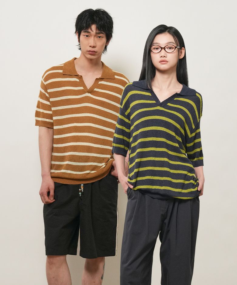 UNISEX 원버튼 카라 스트라이프 하프 니트 [3COL] / GF2UKP021