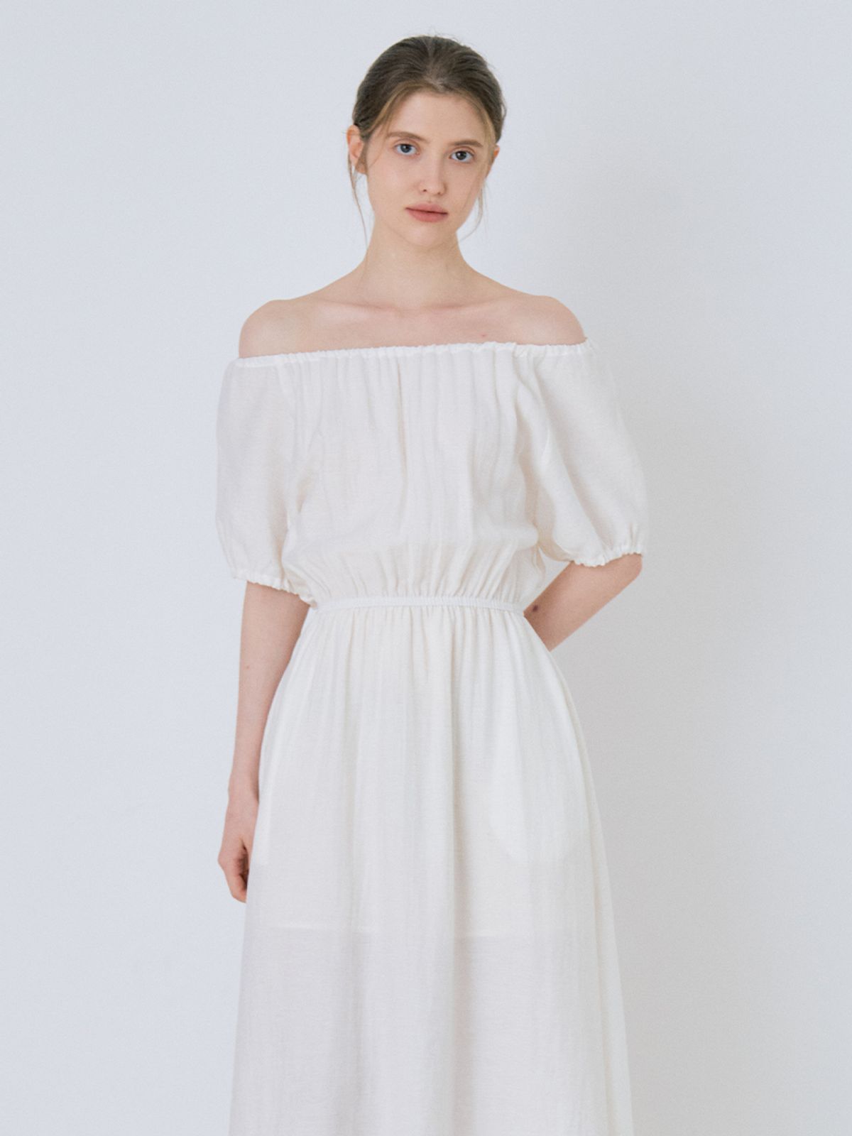 르세지엠(LESEIZEME) Linen Off-Shoulder Banding Long Dress - Ivory