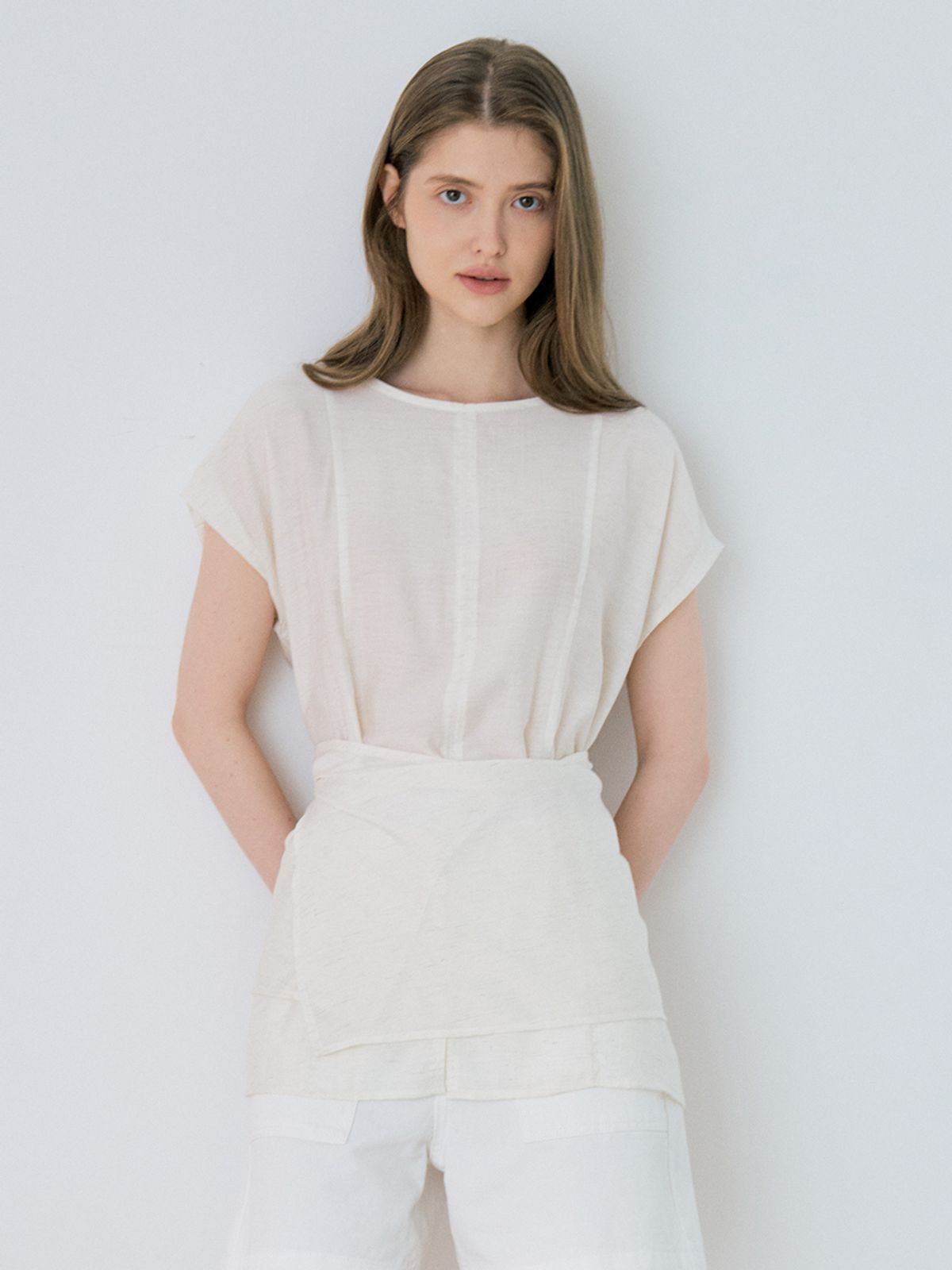 르세지엠(LESEIZEME) [SET-UP] Linen Wrap Half Sleeve Blouse - Cream