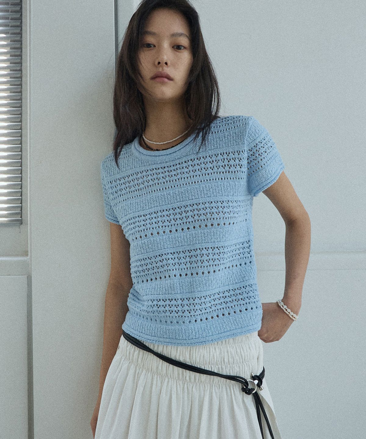 렌세(RENSE) Pointelle Boucle Knit Blue
