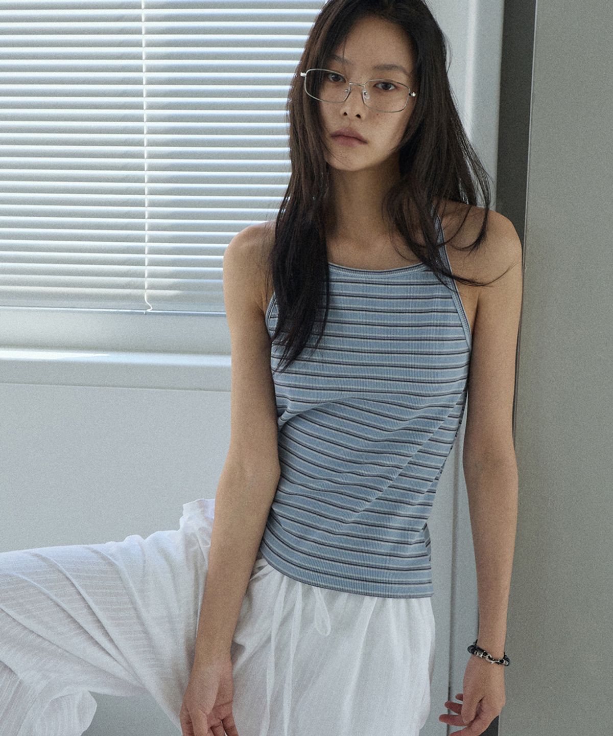 렌세(RENSE) Ribbed Stripe Halter Top Blue