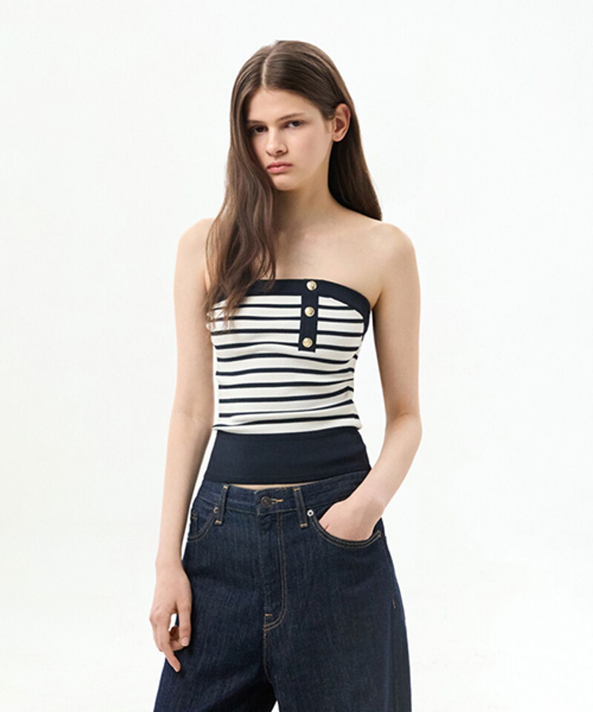타미진스(TOMMY JEANS) 버튼 튜브 탑 스웨터 (T32G6KTO31TWT10A7)