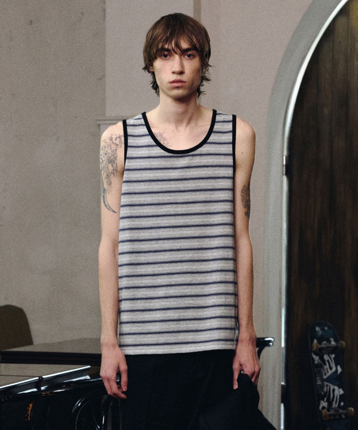 롤링스튜디오(ROLLINGSTUDIOS) COTTON STRIPE SLEEVELESS GREY/NAVY