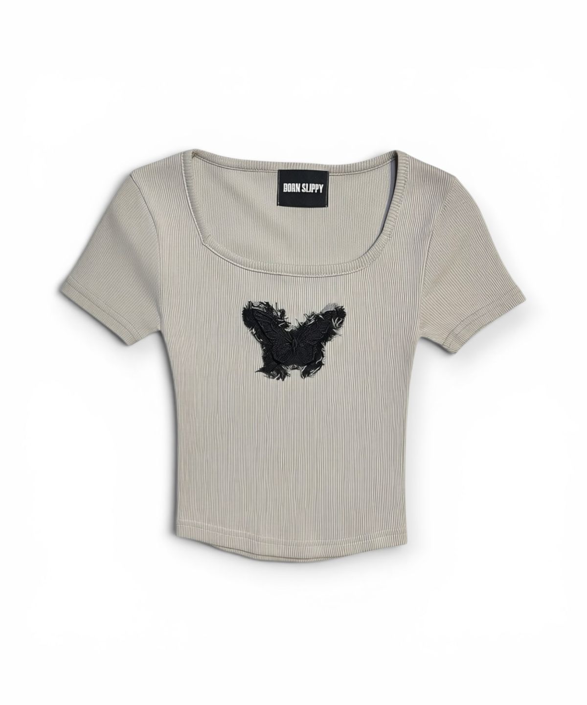 본슬리피(BORN SLIPPY) Frayed Butterfly Square Neck T-shirt (Beige)