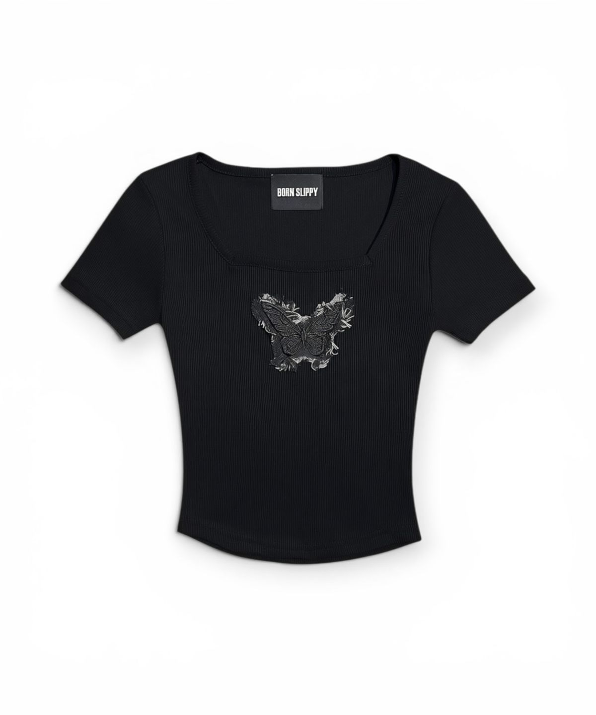 본슬리피(BORN SLIPPY) Frayed Butterfly Square Neck T-shirt (Black)
